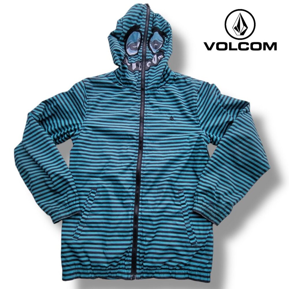 Boys VOLCOM Loggerhead Jacket Hoodie Teal Striped Mask Skater Streetwear - Large